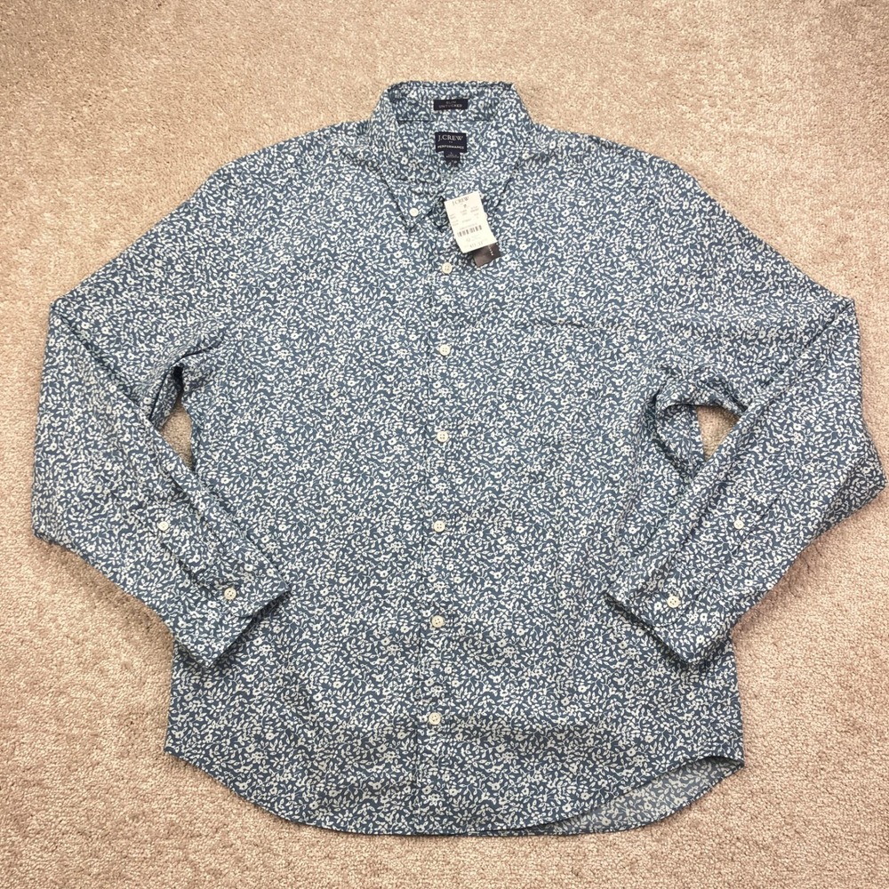 NEW J. Crew Men L Button Down Shirt Blue Floral Performance Washed Slim Untucked - Picture 2 of 10